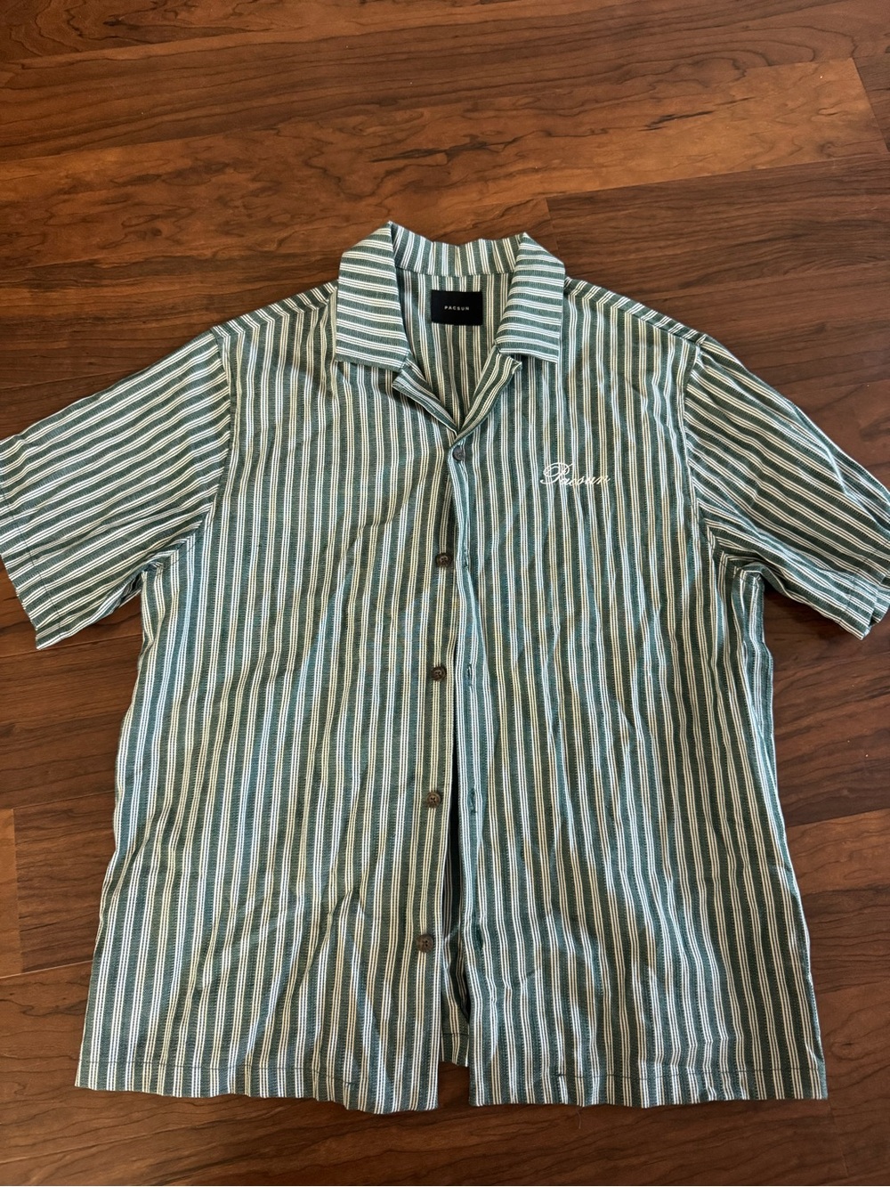 PacSun Green and White Vertical Stripe Short-Sleeve Button-Up Shirt